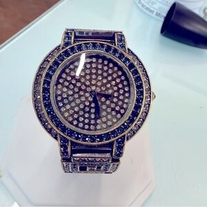Heidi Daus Crystal Statement Watch Blue & Clear Rhinestones Brass Tone | Works